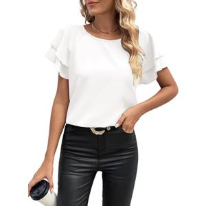 Summer Casual Boho Blouse for Women Fashion Floral Shirt Ruffle Short Sleeve Crewneck Chiffon Tops (White, XXL)