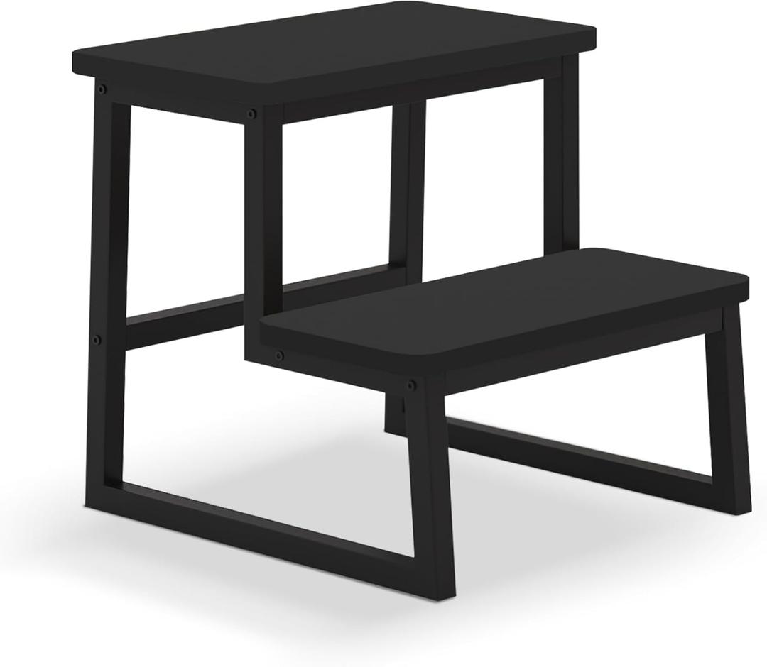 Step Stool for Adults Kids,Heavy Duty Sturdy Two Step Stool with 500LBS Capacity for Kichen Bathroom High beds, Wooden&Metal Frame, Non-Slip Rubber Pads (Black)