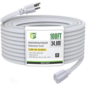 EP 100 Ft Outdoor Extension Cord, 12/3 SJTW Heavy Duty Extension Cable with 3 Prong Grounded Plug, 15 AMP Power Cord for Lawn, Garden, Appliances, White