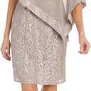 R&M Richards Women's Knee-Length Glitter Sequin Lace Dress W/Sheer Asymmetric Poncho Overlay | Evening Cocktail Attire (Beige)