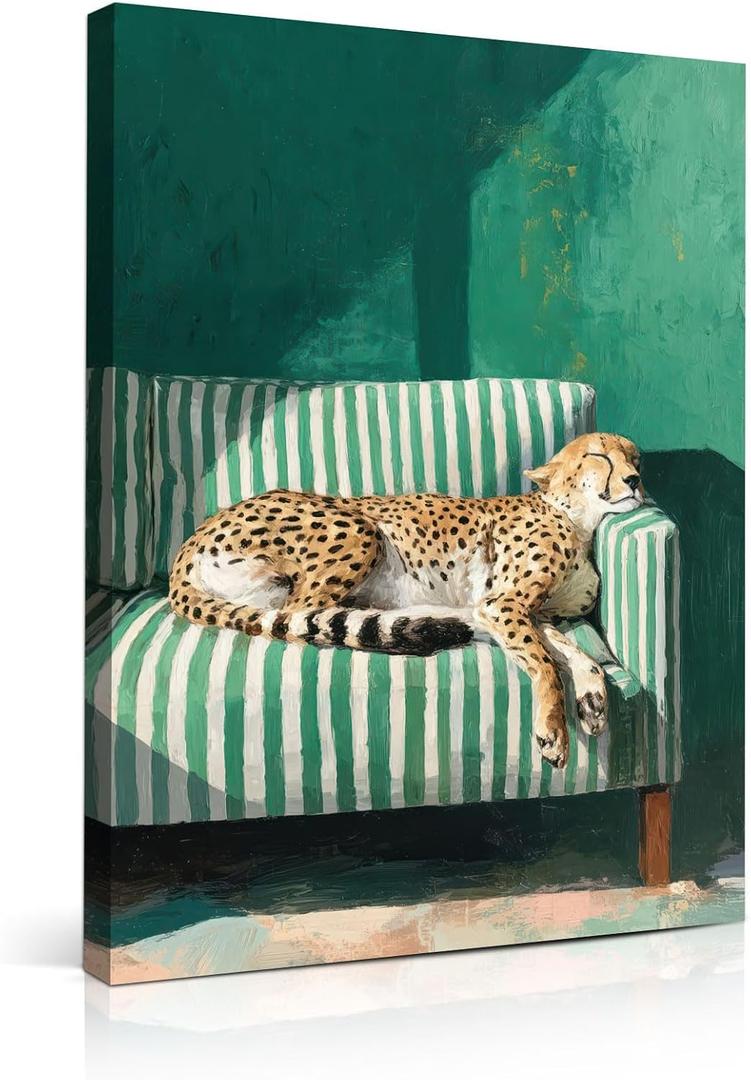 Trendy Leopard Wall Art Sleeping Cheetah on Green Striped Sofa Canvas Print, 24"L x 16"W