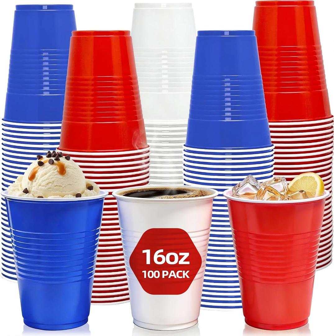 100 Pcs Patriotic Plastic Cups, 16 oz Red White and Blue Cups, Disposable Plastic Party Cups for Independence Day, 4th of July Party Supplies 