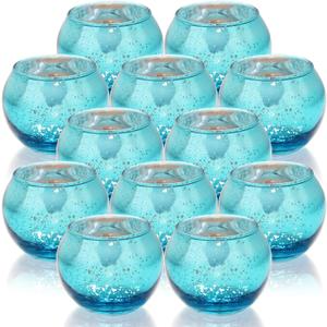 Tebery 12 Pack Round Blue Votive Candle Holders, 2-Inch Glass Tealight Candle Holder for Table Centerpiece, Wedding Decoration, Party, and Home Decor