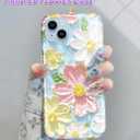 Compatible with iPhone 15 Case Sparkle Glitter Retro Oil Painting Printed Flower Design Slim Shockproof Protective TPU Soft Silicone Cover Phone Case Blue Pink