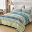 WONGS BEDDING Boho Quilt Set King Size Aqua, 3 Pieces Striped Bedspread Coverlet Set, Bohemian Soft Lightweight Microfiber for All Season(104"90")