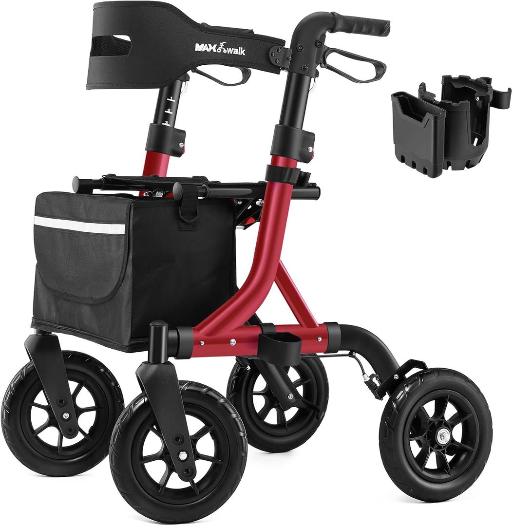 Rollator Walker for Seniors, Foldable All Terrain Rolling Walker with seat, Aluminum Walkers with 10 inch Rubber Wheels, Built-in Cable, Cup Holder, Adjustable Handles and Backrest for Seniors, Red