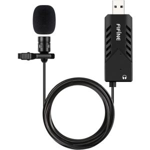 Fifine USB Lavalier Lapel Microphone, Clip-on Cardioid Condenser Computer Mic Plug and Play USB Microphone with Sound Card for PC and Mac-K053