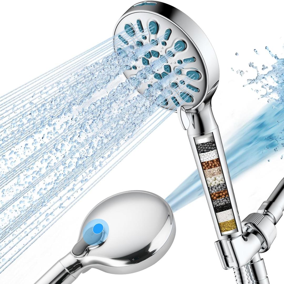 Heemli Filtered Shower Head,High Pressure 8-mode Handheld Showerhead with Hose,Bracket and Water Softener Filters Beads for Hard Water Remove Chlorine and Harmful Substance,Built-in Power Spray,Chrome