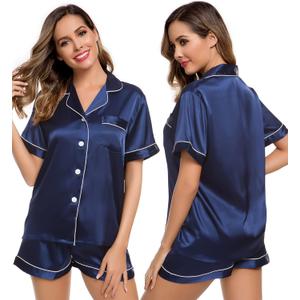 LecGee Womens Silk Satin Pajamas Short Sleeve Loungewear Two-Piece Sleepwear Button-Down Pj Set (Medium, Navy Blue-03)