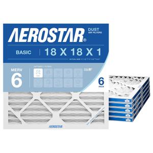 Aerostar 18x18x1 MERV 6 Air Filter, 6 Count, ACTUAL SIZE (17.50 x 17.50 x 0.75), HVAC, Air Conditioning & Furnace Filter for Dust, Lint & Pollen Control (MPR 300 / FPR 3), Made in USA