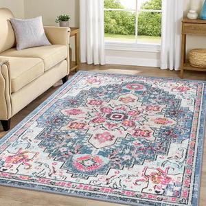 Smiry 6x9 Area Rugs for Living Room, Boho Chic Style Printed Rugs, Low Pile, Non-Shedding, Easy Care, Machine Washable Lightweight Floor Carpets Rugs for Bedroom, Dining Room, Home Office, Pink