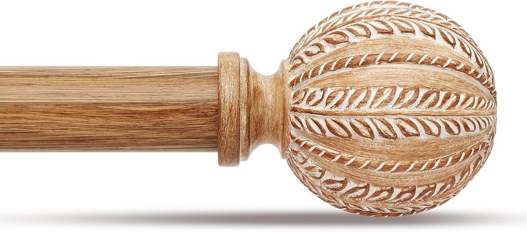 Wood Curtain Rod for Windows 48 to 84 Inch, 1'' Diameter Adjustable Heavy Duty Rustic Farmhouse Drapery Rods with Boho Imitation Wooden Grain Decorative Finials, Size: 30''-88''  Light Wood