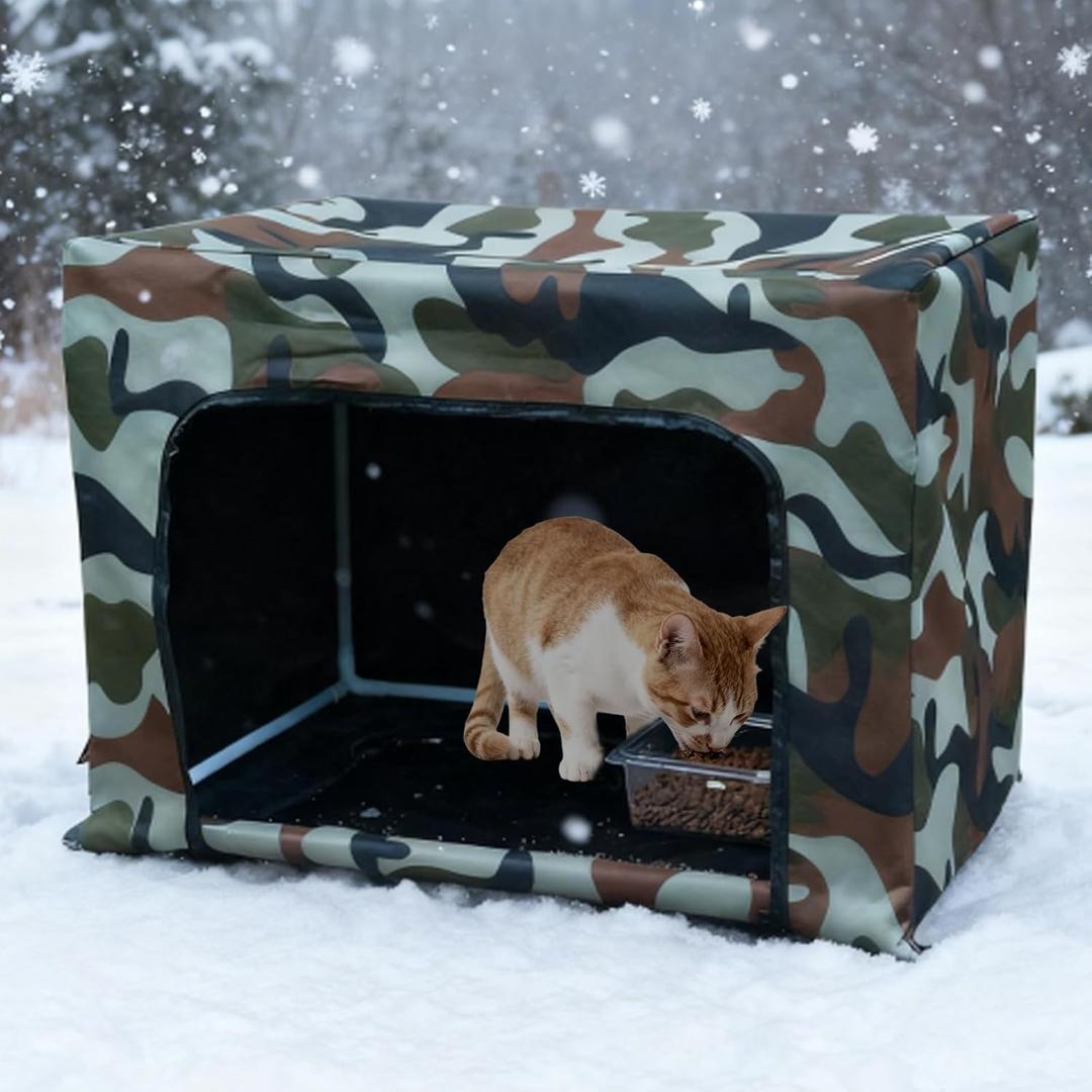Outdoor Cat House Weatherproof Feeding Station for Food & Water,Large Clawsable Cat Houses for Outdoor Cats,Waterproof Kitty Dining Room Cats Shelter for Stray,Feral & Community Cats (Green)