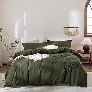 Olive Green Duvet Cover Super Queen Size, 100% Washed Cotton Bedding Set Cover 1 Duvet Cover 120"x98" and 2 Pillowcases, Olive Green       
