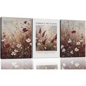 3 Pcs Vintage Framed Wall Art, Red Floral Biblical Canvas Prints, 16x24 in | Ready to Hang Rustic Farmhouse Wall Decor Set. Vintage Style Canvas Painting Artwork for Bathroom, Bedroom & Living Room.