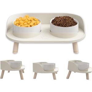 Cat Food Bowls, Elevated Ceramics Dog Cat Bowls Stand with No-Spill Design,3 Adjustable Heights Anti Vomiting Cat Water Bowl,5 inches Raised Bowl for Medium and Small Size Dog Cats (White)