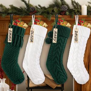 4pcs 18Inches Knitted Christmas Stockings Decoration, Cream White Dark Green Large Cable Xmas Hanging Stocking Personalized Knit Stocking's with Name Tags for Family Home Farmhouse Decor
