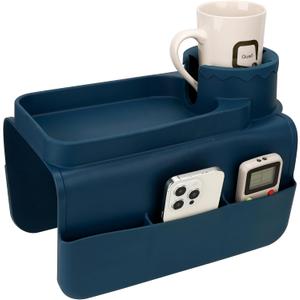 Silicone Couch Caddy for Wide Arms (6-12") with Cup Holder & Deep Sofa Remote Pockets - Anti-Slip Couch Arm Tray Table for Drinks, Phone, Snacks - Living Room Organizer (Blue)