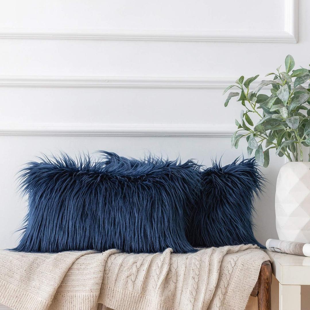 Ashler HOME DECO Pack of 2 Decorative Luxury Style Navy Blue Faux Fur Throw Pillow Case Cushion Cover 12 x 20 Inches 30 x 50 cm