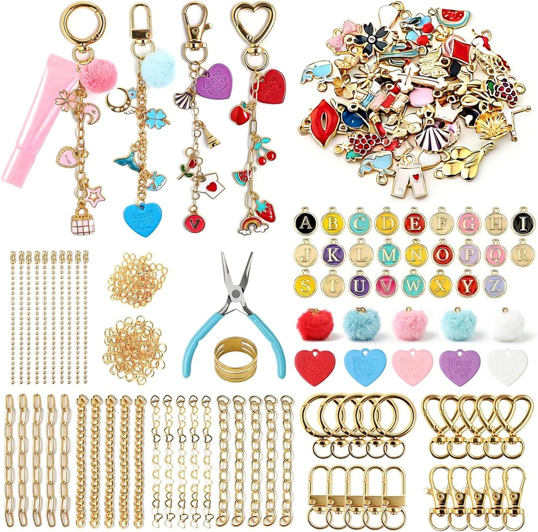 Molirex 288 Pcs Lip Gloss Keychain Making Kit 86 Bag Charms 20 Chains & Lobster Clasps, 150 Clips with Plier Tools Key Chain DIY Craft Jewelry Making Supplies