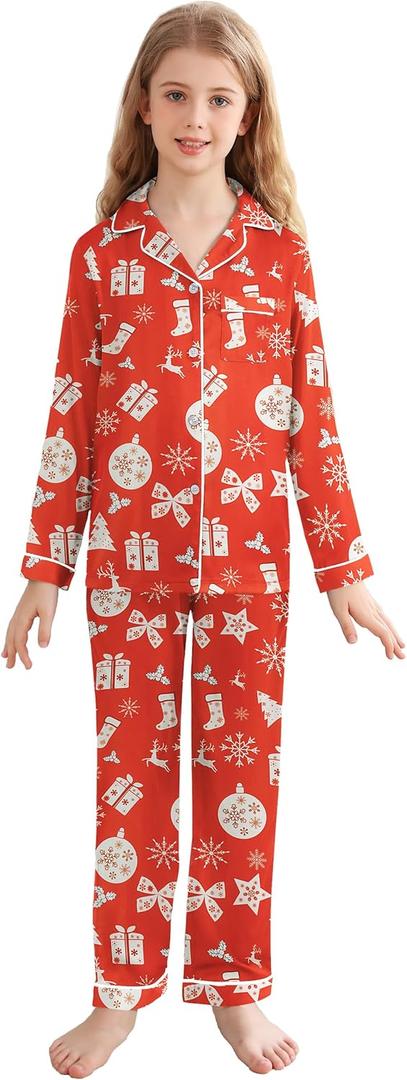 Veseacky Xms Satin Pajama Sets for Girls Silk Button Down PJ Set Silk Sleepwear Birthday Pajamas Gift (Christmas Red, size 10)
