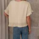 Yeokou Womens Short Sleeve Sweater Round Neck Ruffled Hem Knit Crochet Pullover Summer Fall Casual Top Blouse (Beige, XL)