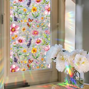 Window Film, Stain Daisy Glass Film Rainbow Flowers Static Window Clings Stickers for Home Office Living Room Bedroom Glass Windows Door Decor