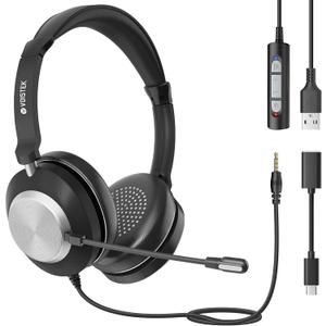 USB & 3.5mm Headset with Mic for Laptop PC,Wired On Ear Computer Headphones with Noise Cancelling Microphone,in-line Control for Office Work,Call Center,Video MeetingBlack