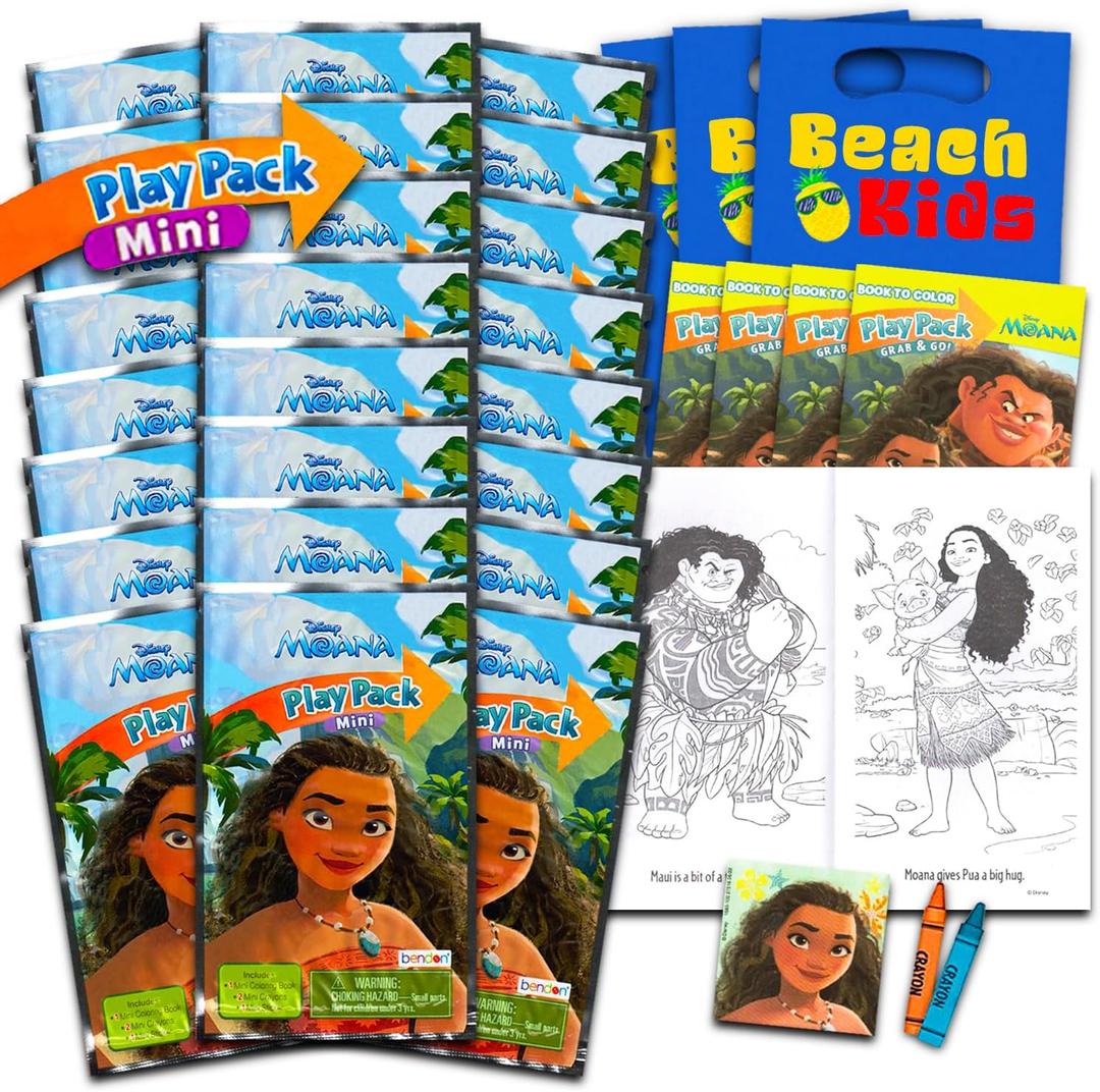 Disney 24 Moana Mini Party Favors Set for Girls, Kids - Bundle with 24 Moana Grab n Go Play Packs with Coloring Pages, Stickers, Goodie Bags, More (Moana Birthday Party Supplies and Decorations)