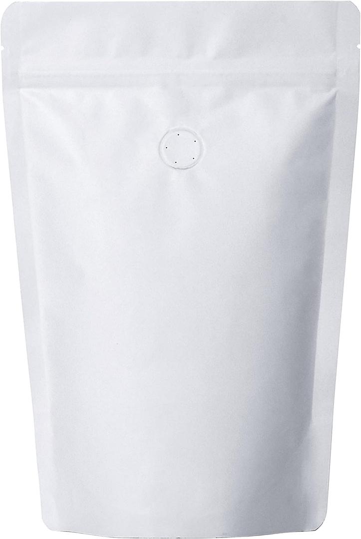 Pack of 50 White Kraft Paper Coffee Bags with Degassing Valve, Stand-up Coffee Pouches in Food Grade with Resealable Zipper Lock (8oz, 0.5lb, 50 Pieces)