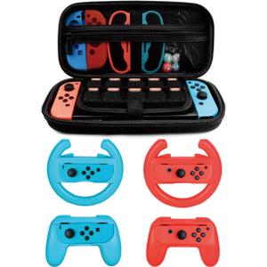 Accessories Kit for Nintendo Switch Games Starter, 2x Steering Wheel, 2x Grip Kit, 1x Travel Carry Case(5 in 1 Red/Blue)