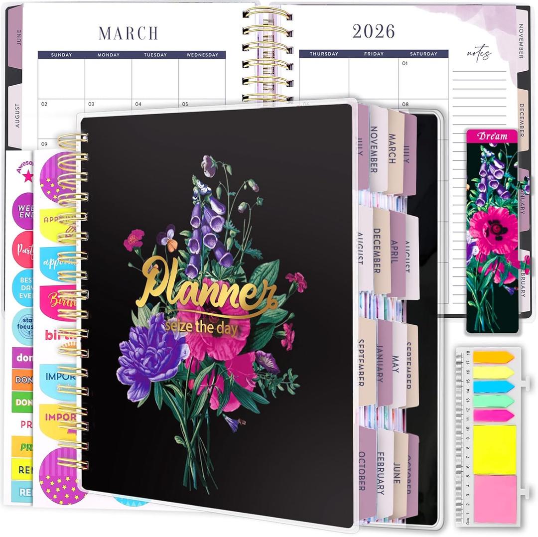 Planner 2025-2026, 18 Months Large Academic Daily Weekly Monthly Planner Organizer, July. 2025 - Dec. 2026, 8.5x9.8" Agenda with Page Tabs, Separator Page, Pocket Folder, Bookmark, Stickers & Sticky Note Set