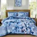 DJY Floral Queen Comforter Set 7 Pieces Bed in a Bag, Blue Elegant Gradient Leaves Bedding Sets for All Seasons (1 Comforter, 2 Pillow Shams, 2 Pillowcases, 1 Flat Sheet, 1 Fitted Sheet)