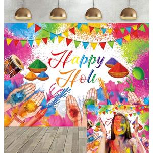 Happy Holi Photo Backdrop Hindu Colorful Powder Graffiti Handprint Photography Background for India Festival Party Decoration Supplies Cake Table Decor Banner (7X5FT)