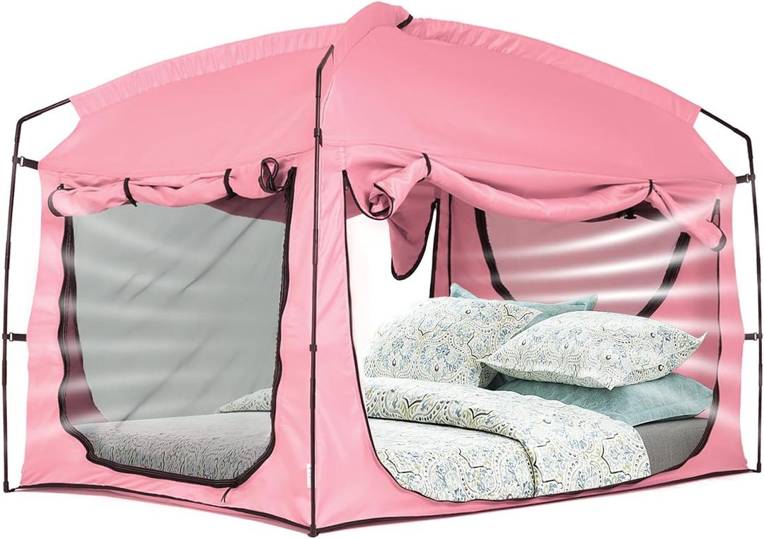 Bed Tent,Portable Privacy Sleeping Bed Canopy,Blackout 90% Drapes for Kids and Adult,Indoor Space Tent with Breathable Large Mesh Windows (Full, Pink)