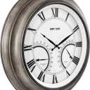 ANDY STAR 24 Inch Outdoor Clocks Waterproof,Large Outdoor Wall Clocks for Garden Patio Pool, Modern Lighted Metal Clock Battery Operated with Thermometer&Hygrometer, Gray Oak Wooden Non Ticking
