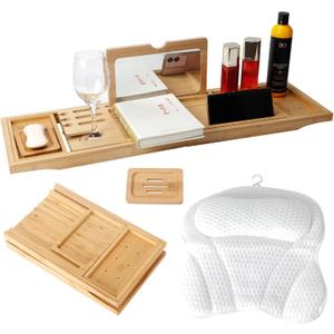 Bathtub Tray Table with Mirror and Bath Pillow, Expandable and Foldable Bamboo Bath Tray for Tub Soft and 4D Mesh Bathtub Pillow Luxury Bath Accessories Spa Gifts