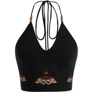 Verdusa Women's Y2k Halter Tops Gothic Clothes Summer Going Out Tops Crochet Cami Tie Boho Cowgirl Outfits (Large, Black)