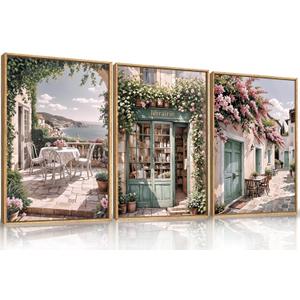 Modern French Flower Street Framed Canvas Wall Art Set,Romantic Green Landscape Wall Decor,Vintage Mediterranean Bookstore Neutral Coast Cityscape Artwork for Living Room, Bedroom-16 x24 x3