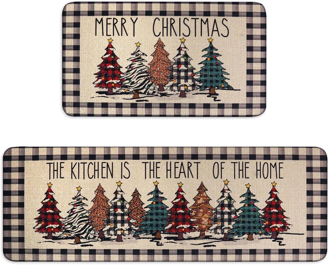 Buffalo Plaid Christmas Tree Merry Christmas Kitchen Mats Set of 2, Xmas Winter Home Decor Low-Profile Kitchen Rugs for Floor,Christmas Kitchen Mats for Floor 17x30+ 17x47 Inch (Linen-black)