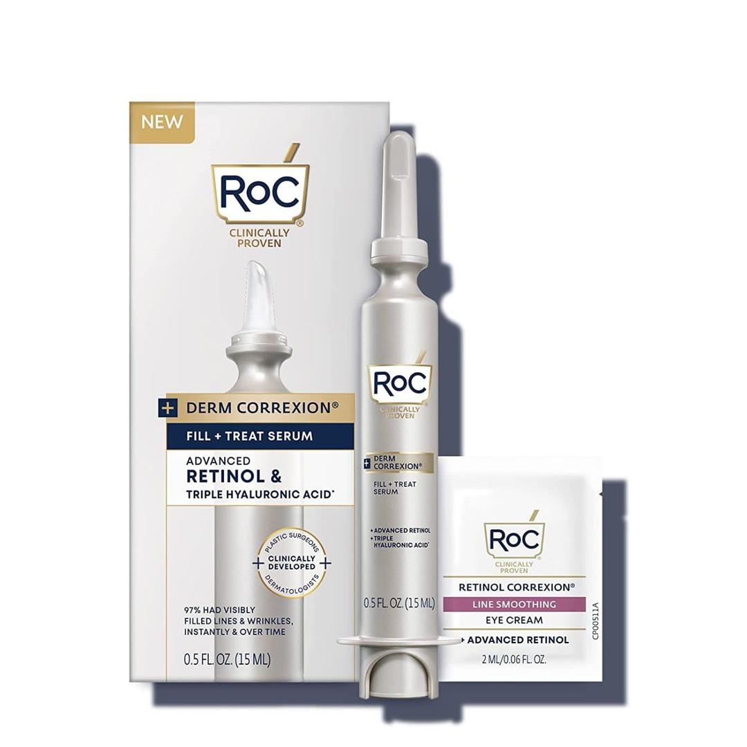 RoC Derm Correxion Fill + Treat Advanced Retinol Serum, Wrinkle Filler Treatment with Hyaluronic Acid for Crow's Feet, 11 Wrinkles, & Laugh Lines, (.5 fl oz) with Retinol Packette (Packaging May Vary)