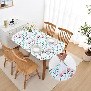Spring Pink Floral Oval Fitted White Tablecloth 48x68 Inch Outdoor Elastic Table Cloth Washable Non Slip Spandex Stretchy Fabric Table Cover Wrinkle Free with Cute Flower Green Leaves