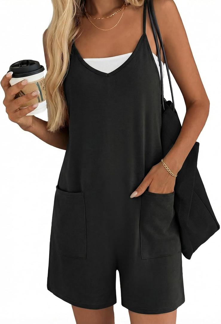 Ekouaer Womens Summer Casual Sleeveless Rompers Loose Spaghetti Strap Shorts Overalls Outfits 2025 Jumpsuits With Pockets (Small, Black)