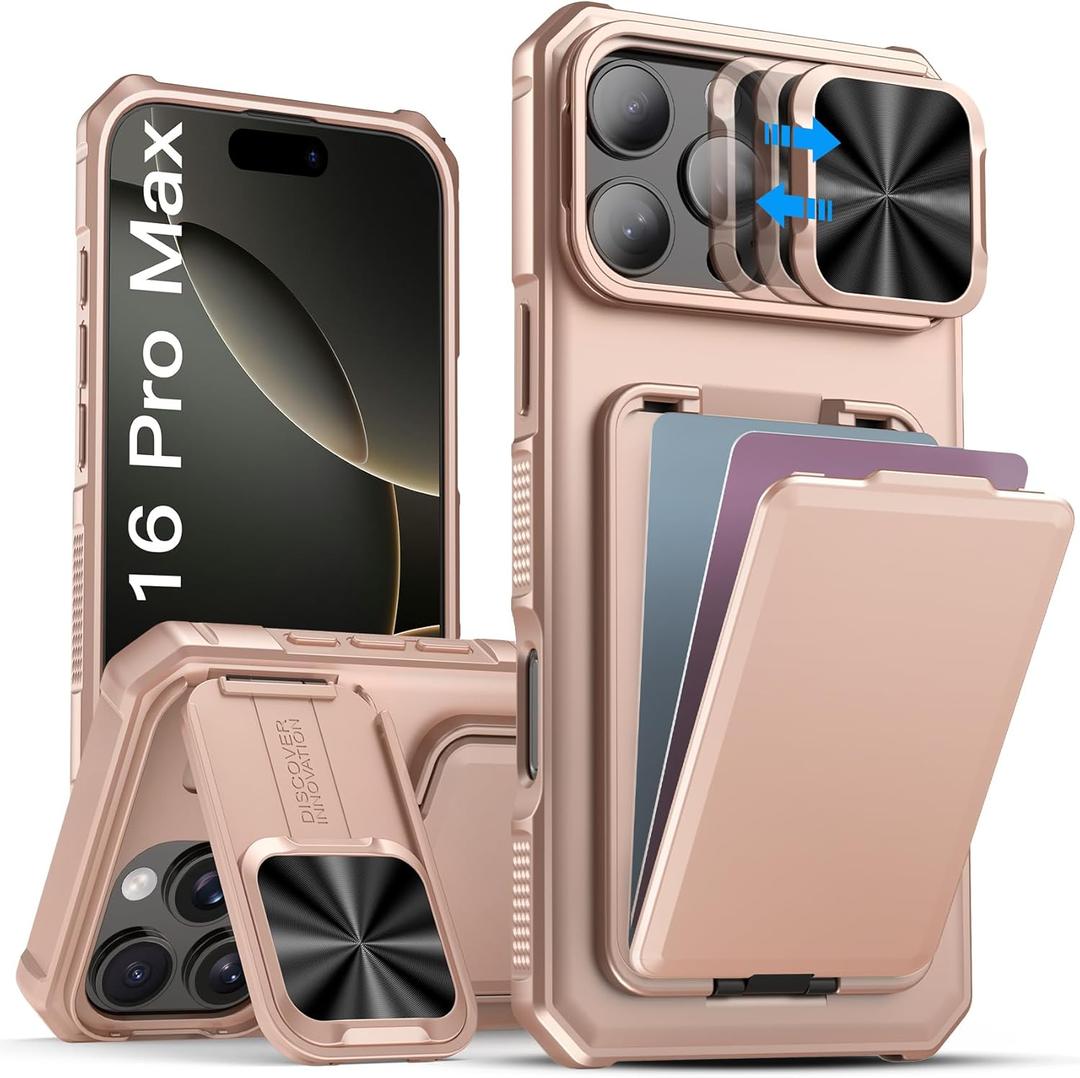 SSLOTSCASE for iPhone 16 Pro Max Case with Wallet & Sliding Lens Cover & Kickstand & Credit Card Holder, Military-Grade Protection Rugged Phone Case Cover for iPhone 16 Pro Max 6.9'' 2024, Rose Gold