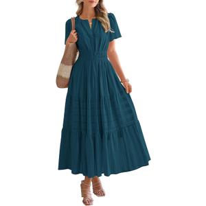 BTFBM Womens Summer 2026 Casual Midi Maxi Dresses Lightweight Short Sleeve V Neck Elastic Waist Boho Beach Dress Pockets (Medium, Lake Blue)