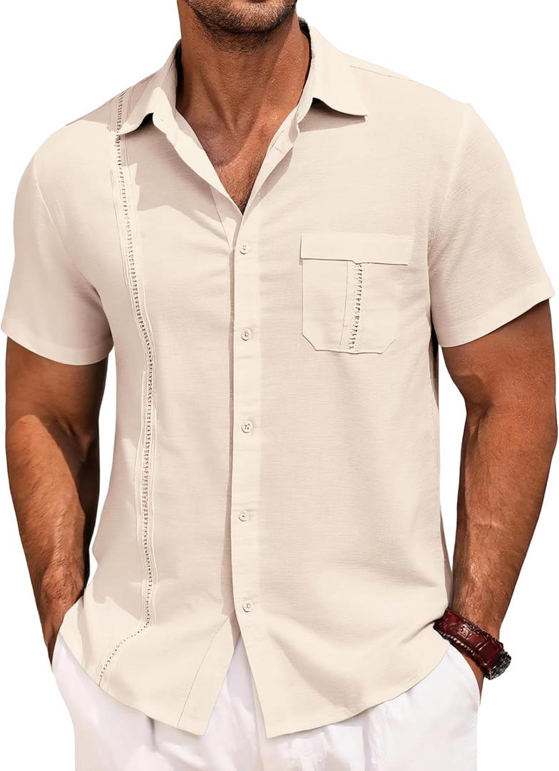 Runcati Mens Cuban Guayabera Shirts Button Down Short Sleeve Shirt Casual Mexican Summer Beach Wedding Tops with Pocket (Beige, S)