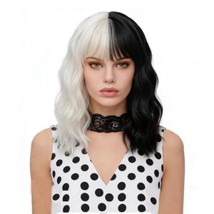 FVCENT Short Curly Shoulder Length Full Bang Women Bob Wig for Cruella Costume Women for Halloween Party Costume (Black and White Without accessories)