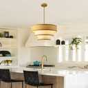 20" Golden Drum Chandelier with White Linen Lampshade 4-Light Modern Farmhouse Chandelier Light Fixture for Dining Room, Kitchen Island, Foyer, Entryway Bedroom, 4L D20"H10.5"