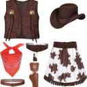 Cowgirl Costume for Girls 6pcs Set Kids Dress Up Birthday Halloween Party Cosplay 3-13 Years