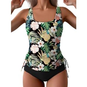B2prity Tummy Control Tankini Swimsuit for Women Ruched Two Piece Bathing Suit Drawstring Swimwear with Bottom, 2XL